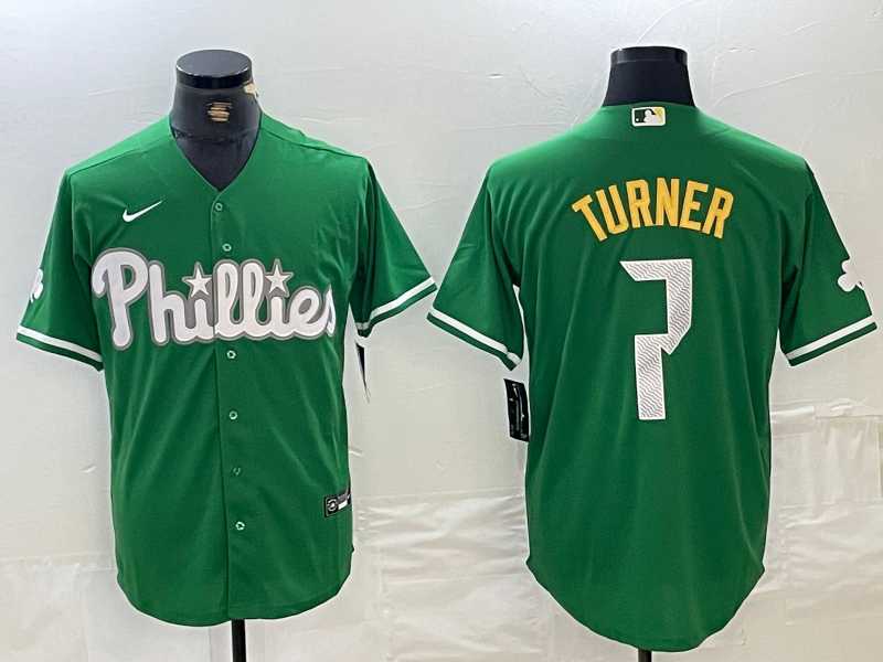 Men%27s Philadelphia Phillies #7 Trea Turner Kelly Green Cool Base Jersey